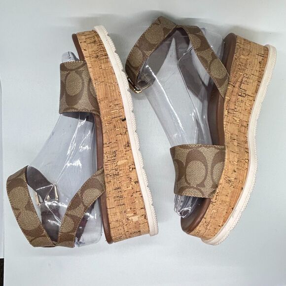 Coach Tallulah Brown Signature Print Platform Ankle Strap Sandals Size 6B - Picture 12 of 14